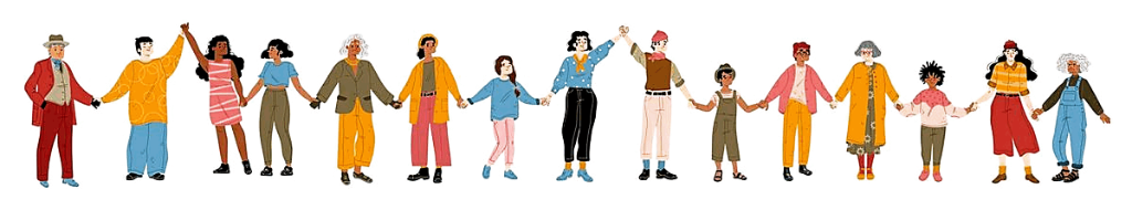 Illustration of a diverse group of people of all ages standing together holding hands, symbolizing community and connection.